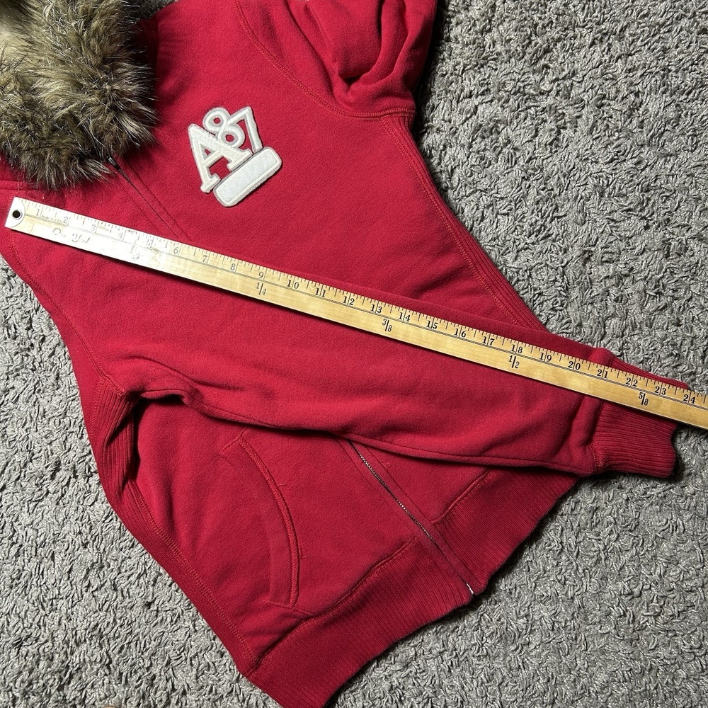 Aeropostale Womens Red Faux Fur Hood Zip Up Hoodie A87 Plaid Lined Medium - Picture 4 of 8
